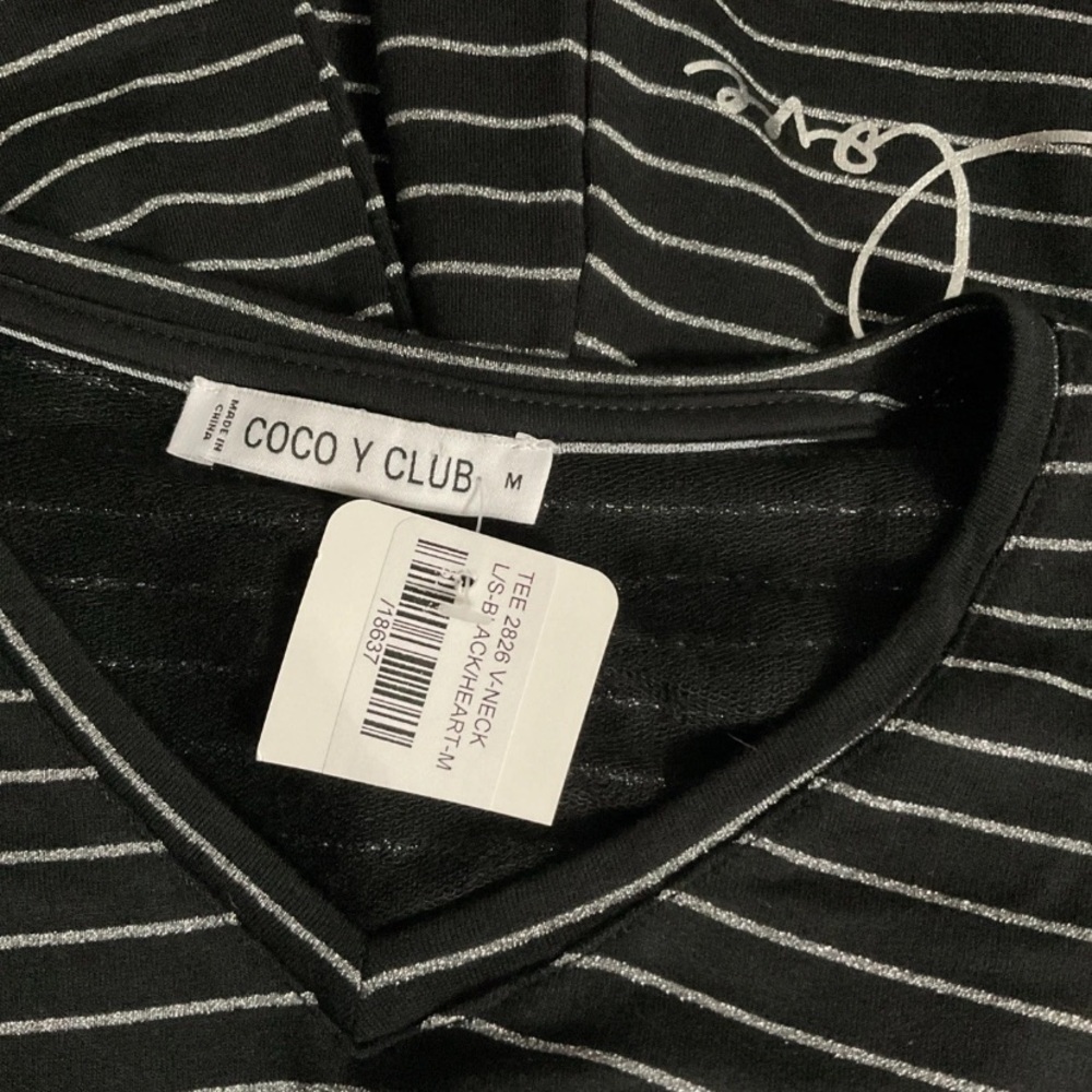 Coco Y Club Chic Striped Long Sleeve Women's T Shirt Metallic Silver Size Medium - Picture 4 of 4